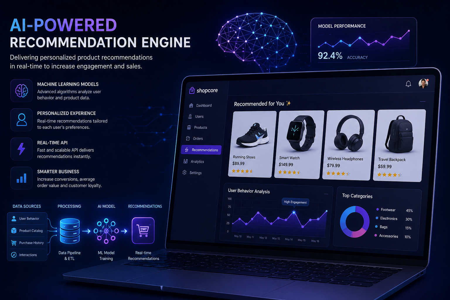 Artificial intelligence recommendation engine analyzing user behavior, product data and user interactions in an e-commerce platform