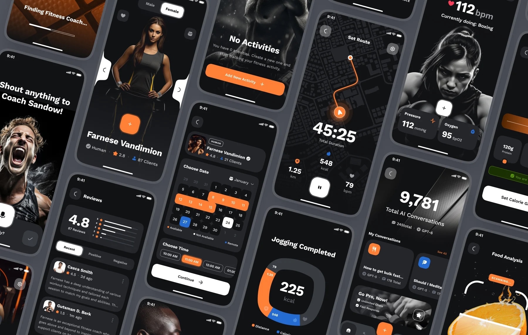 Mobile fitness application interface displayed on multiple smartphones showing workout tracking, dashboard and user interaction features