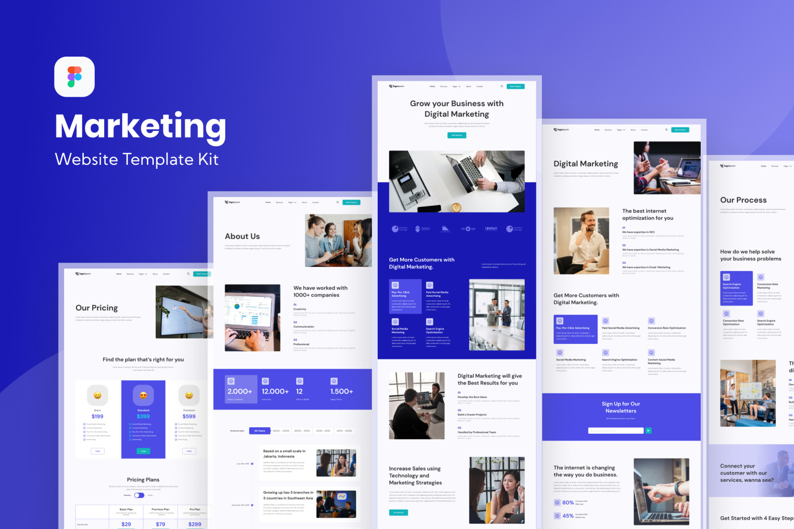 Modern landing page design with clean layout, UI components and marketing sections for a digital marketing website