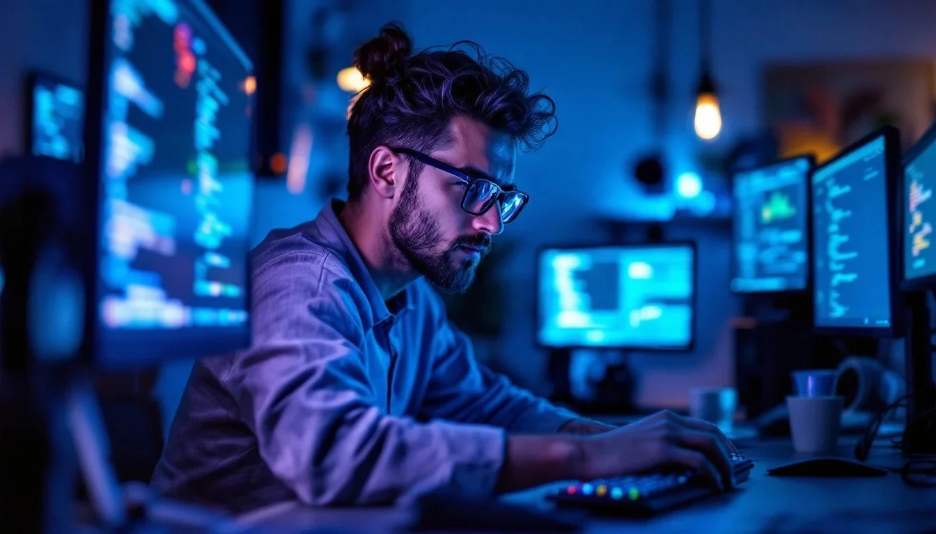 Freelance software developer working on multiple screens while building a software solution
