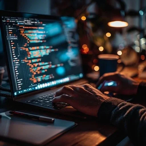Software developer writing code on a laptop while developing a custom software application