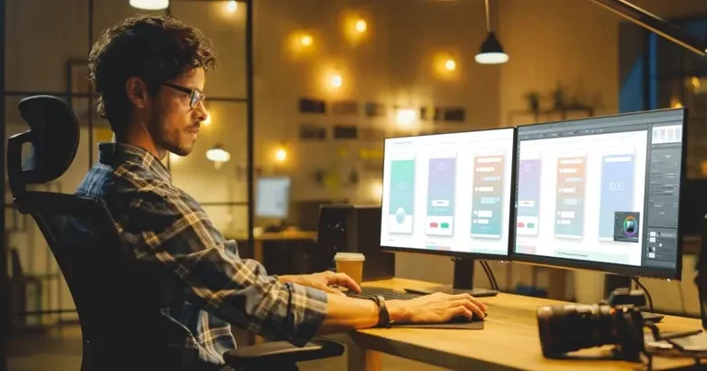 UI UX designers reviewing mobile app interface layouts and product design prototypes